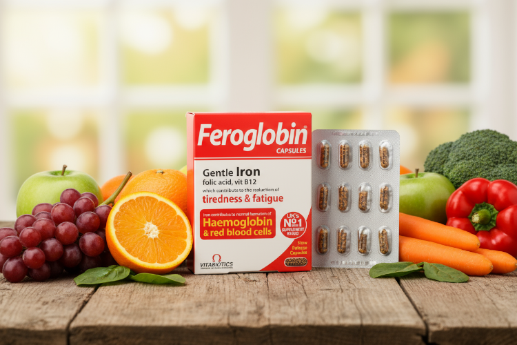 کپسول فروگلوبین در کنار مواد غذایی سالم